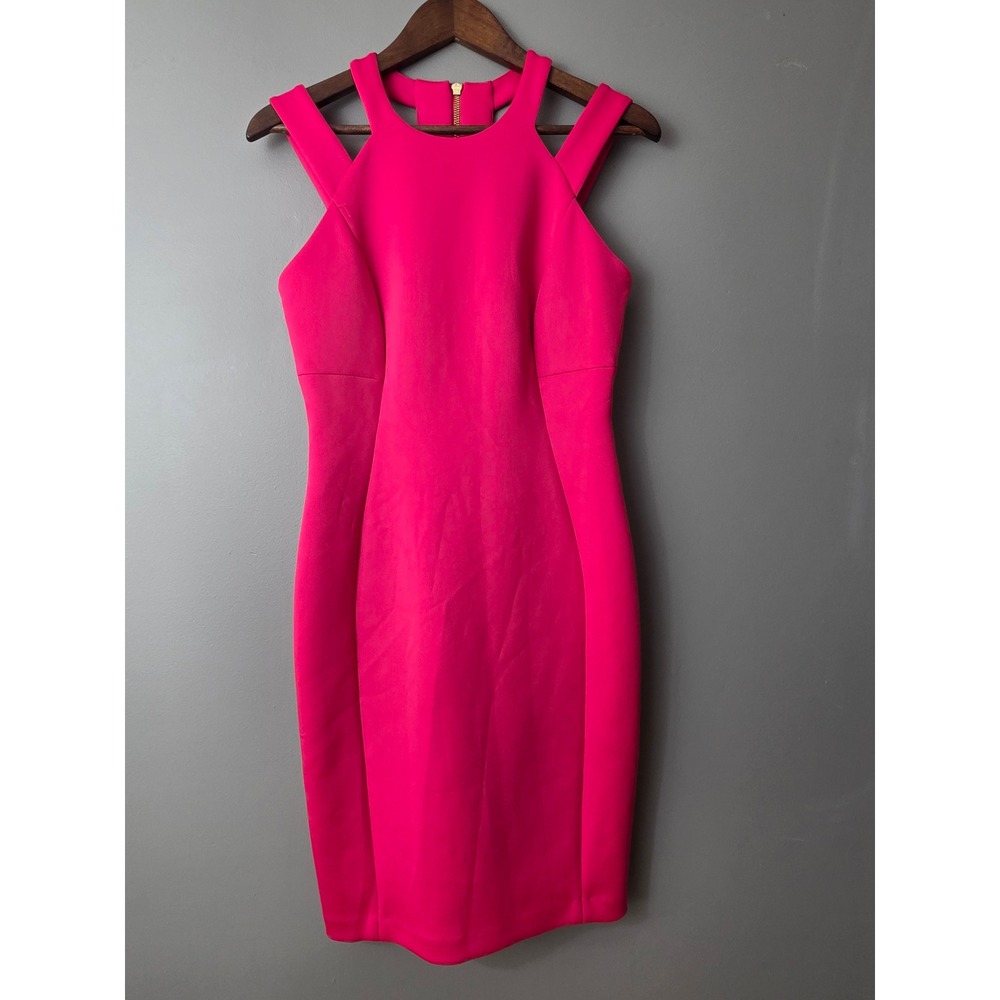 Calvin Klein Pink Scuba Sheath Dress Cold Shoulder Gold Zip Size 6